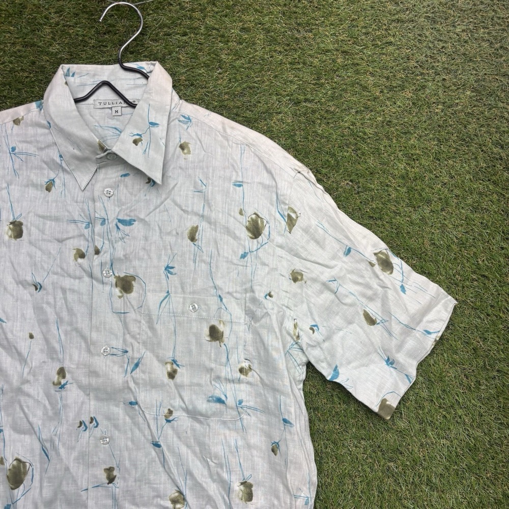 TULLIANO Linen Shirt Mens Medium Short Sleeve Button-Up White Floral NWT